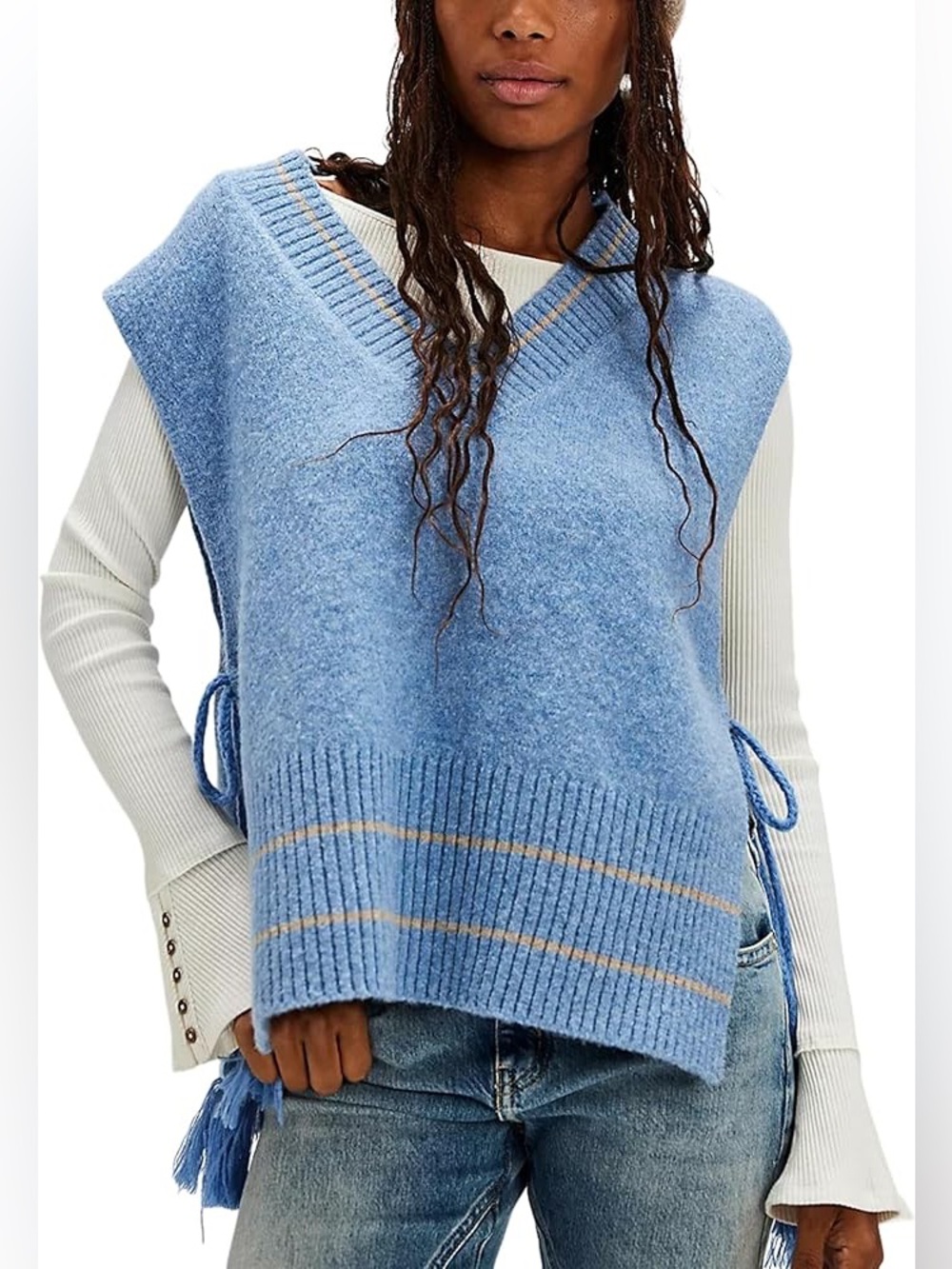 NWT Free People Women One Size V Neck Sweater Vest Side Tie Tassel Boho Knit